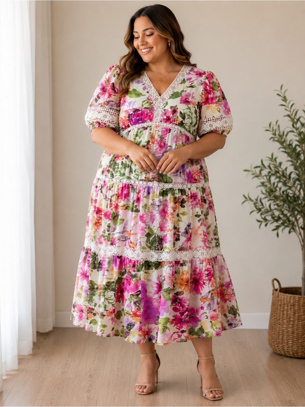 Joie Floral Midi Long Dress XL Boho Cottagecore Lace Trim Puff Sleeve Pink